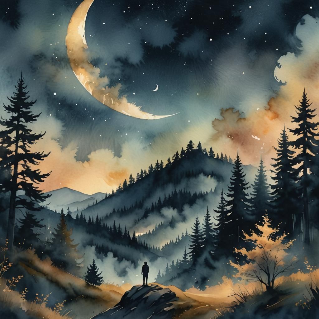 Ethereal Watercolor Landscape with Stargazer