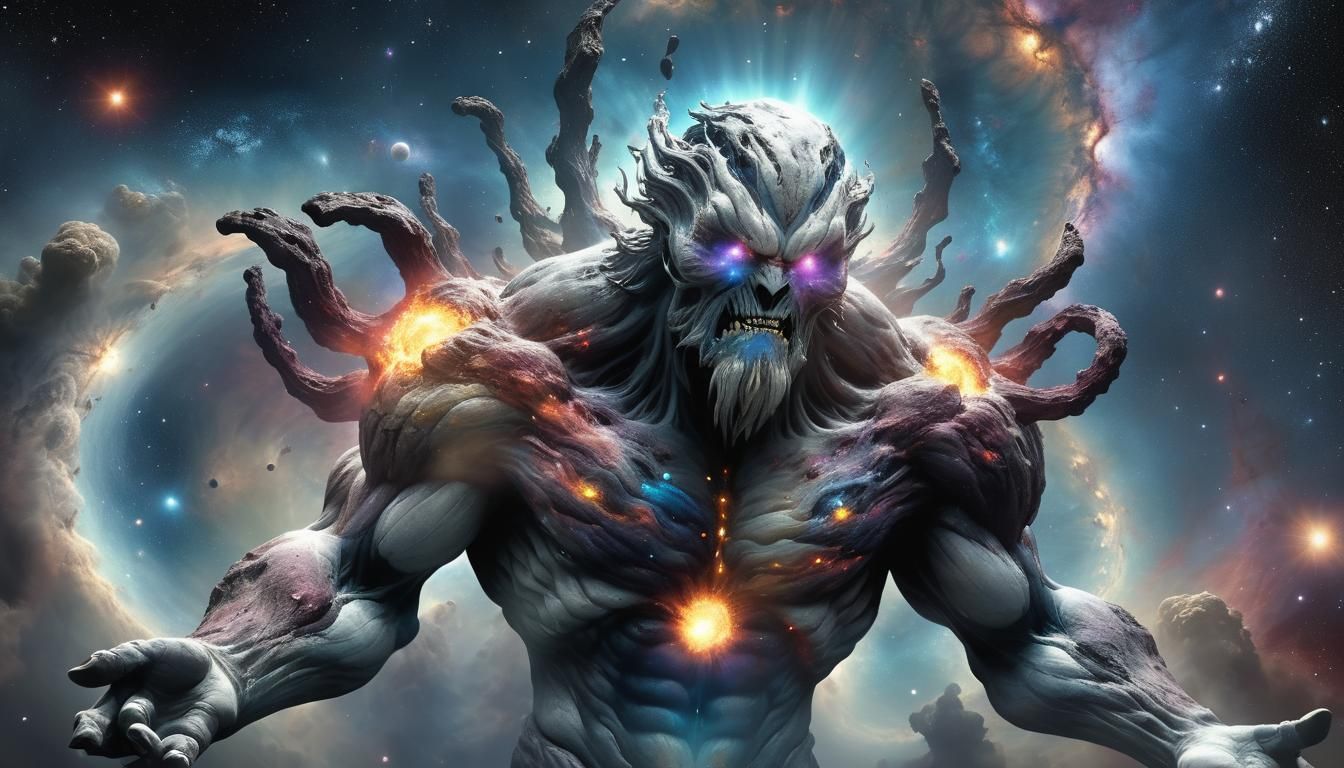 Cosmic Titan Creates Black Hole: Hyperrealistic Digital Art