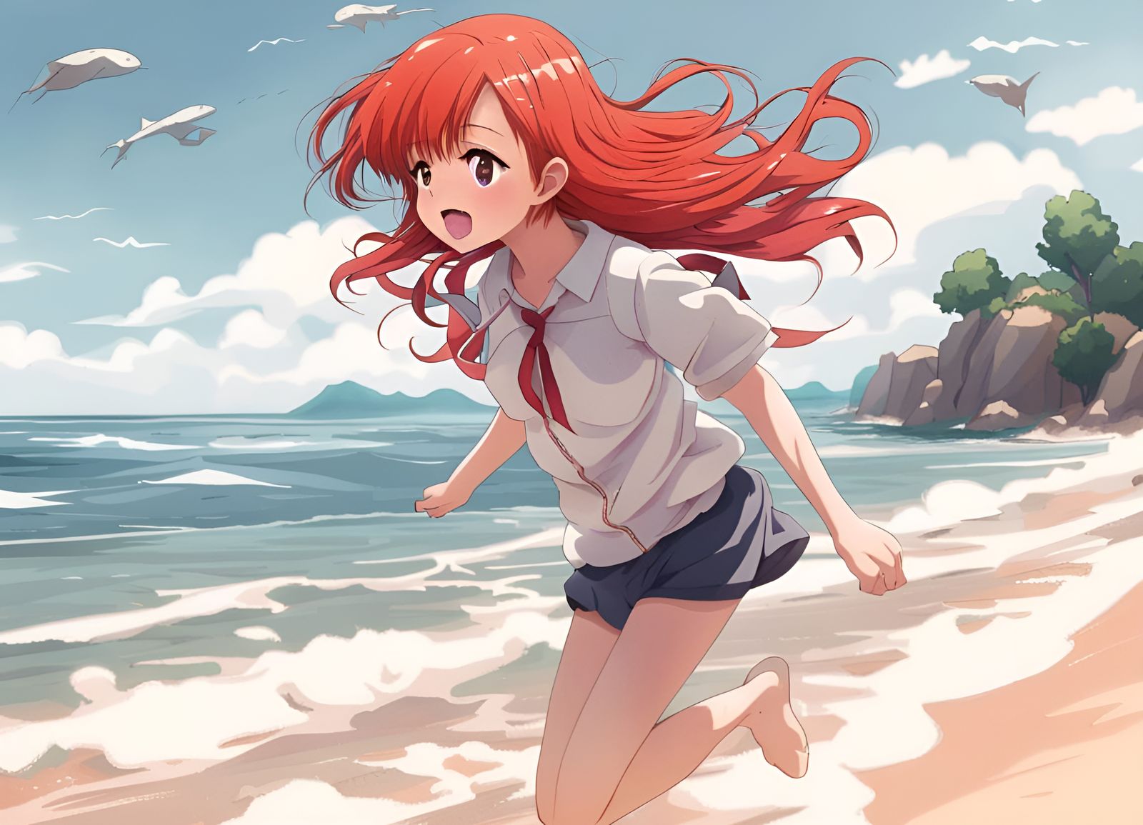 Anime Girl with Red Hair Flying to Ocean