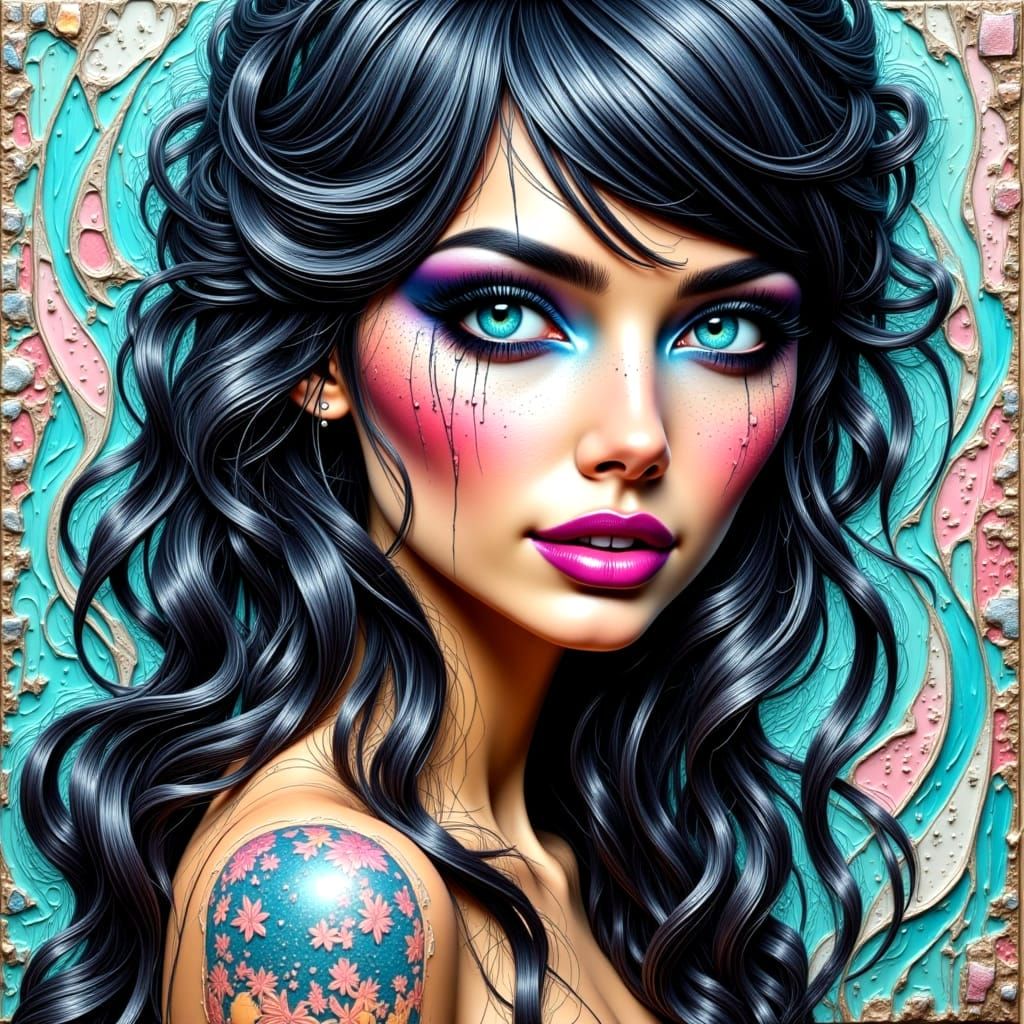 Sultry Woman in Turquoise Cubist Background