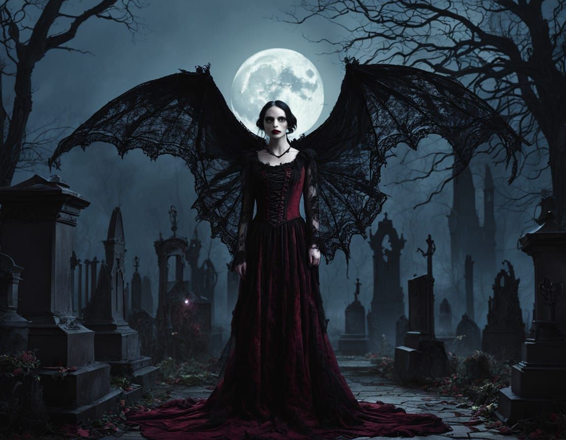 Gothic Vampire Princess in Haunted Graveyard Horror Scene