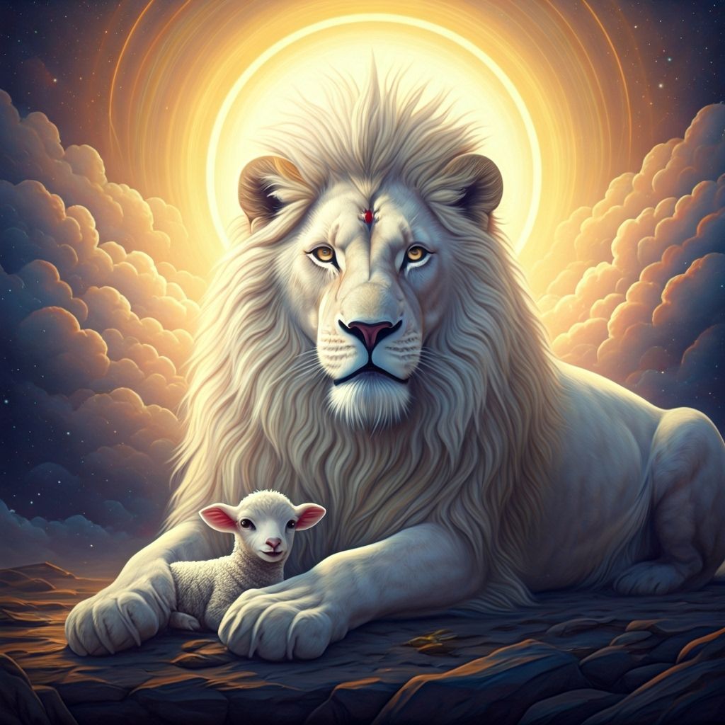 White Lion and Lamb in Divine Heavenly Clouds