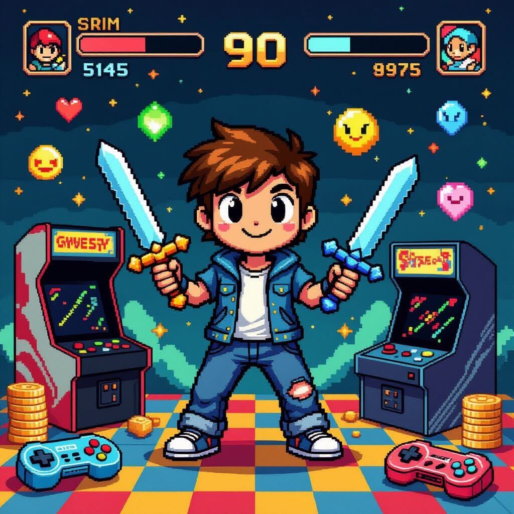 Retro Gamer with Pixel Swords and Classic Consoles
