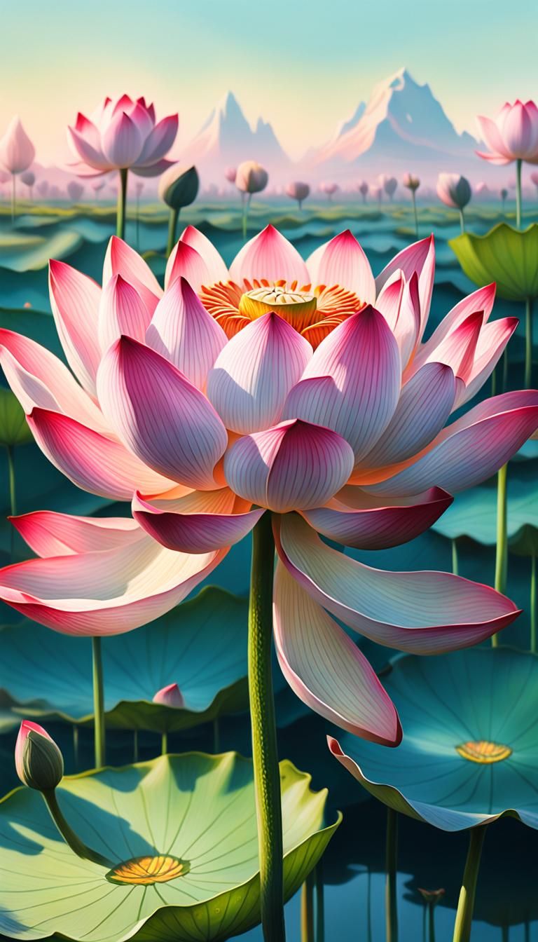 Lotus Flower with Seasonal Landscapes in Digital Art