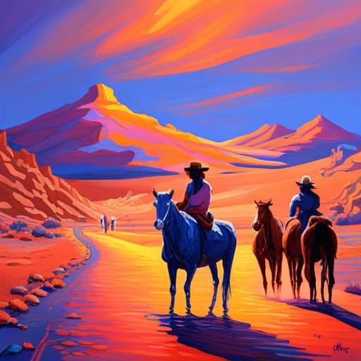 Fluorescent Desert Scene with Cowgirls