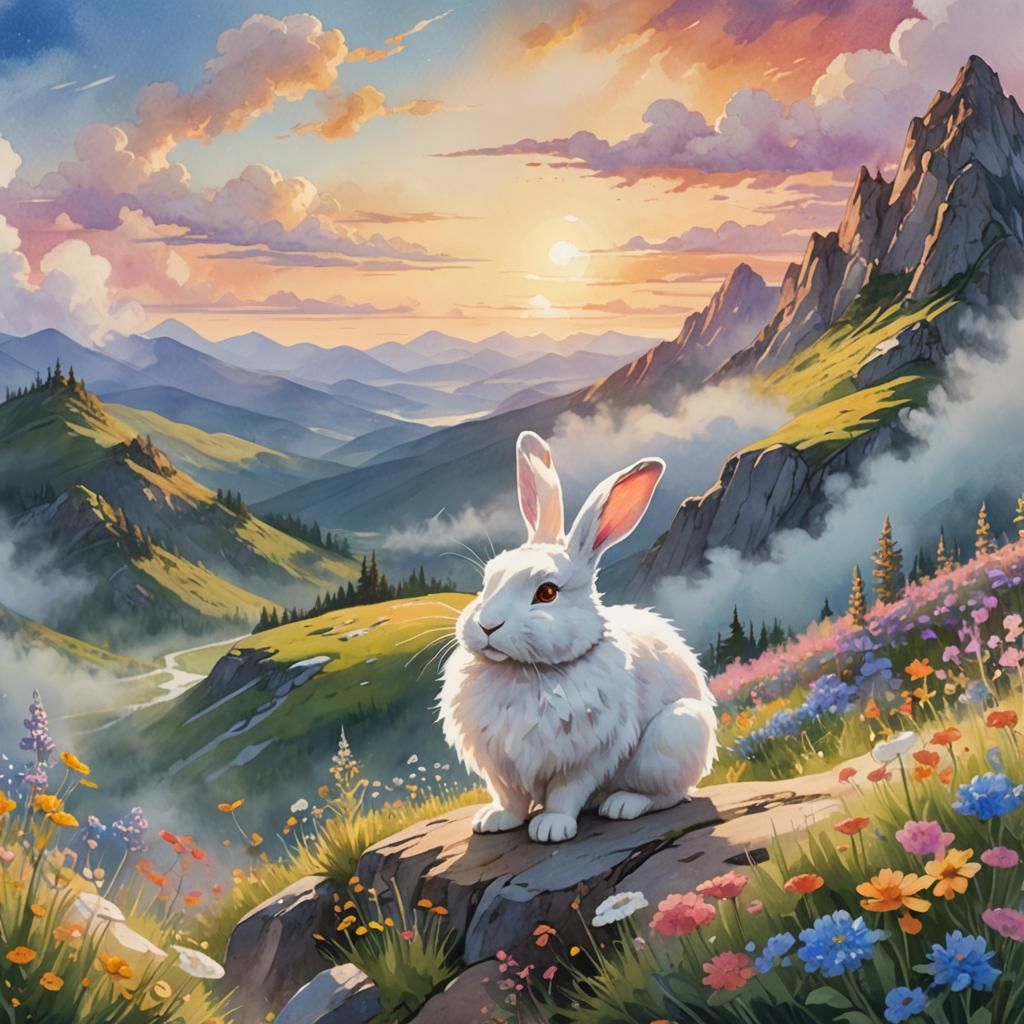 Watercolor Rabbit on Mountain: Whimsical Concept Art