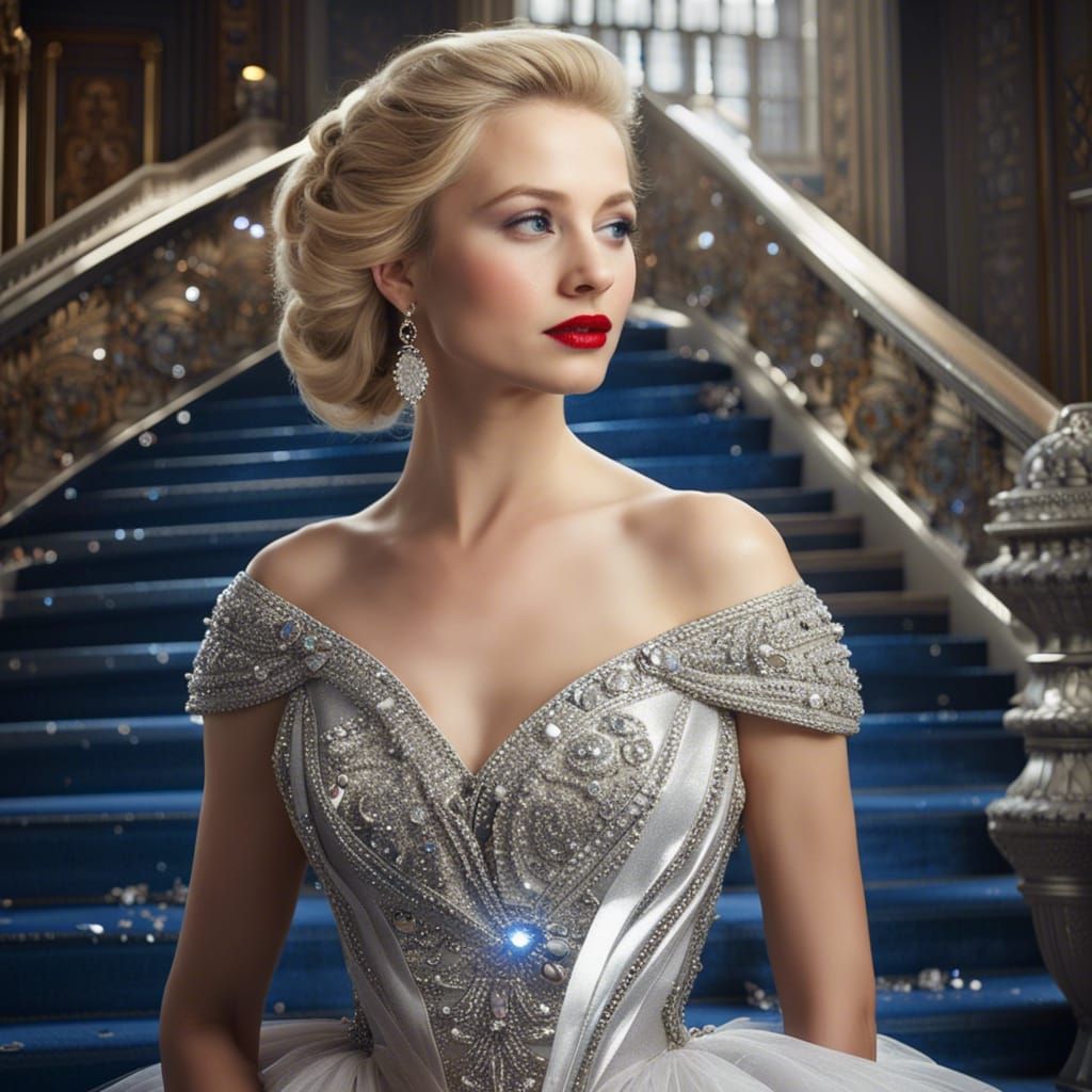 Bejeweled Princess in Silver Gown, Abstract Art