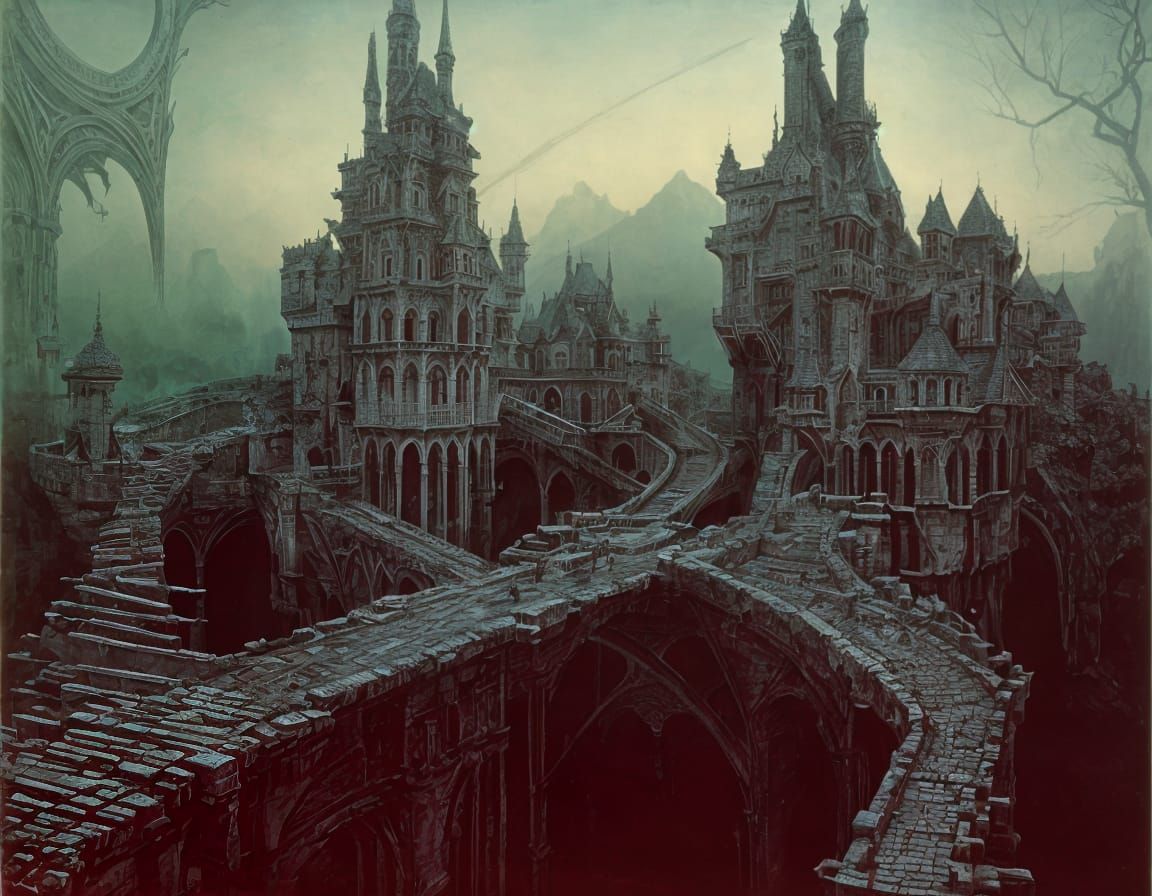 Surreal Castle Landscape in Dark, Twisted Style