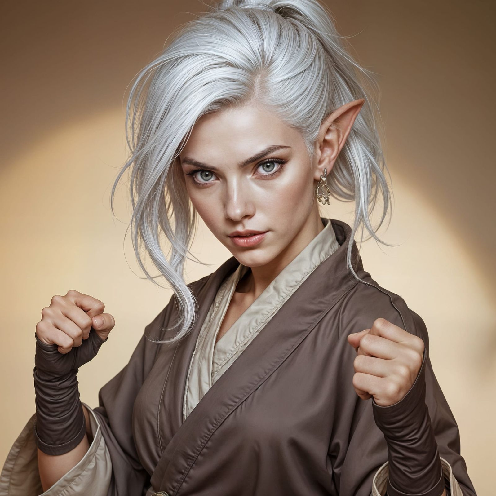 Fierce Silver-Haired Elf Monk Ready to Fight