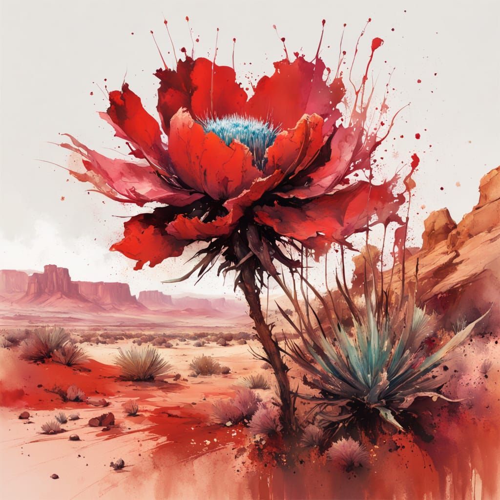 Desert Flower Blooms with Ink Splashes