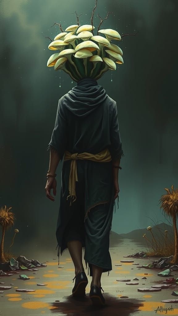 Man with Bioluminescent Fungus in Dark Art Style