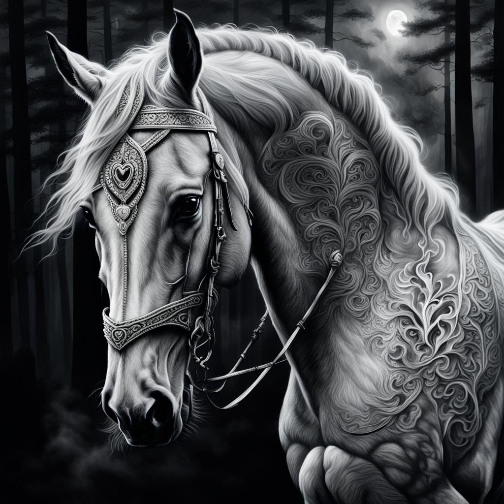 Woman Holding Heart Above Horse in Charcoal Art