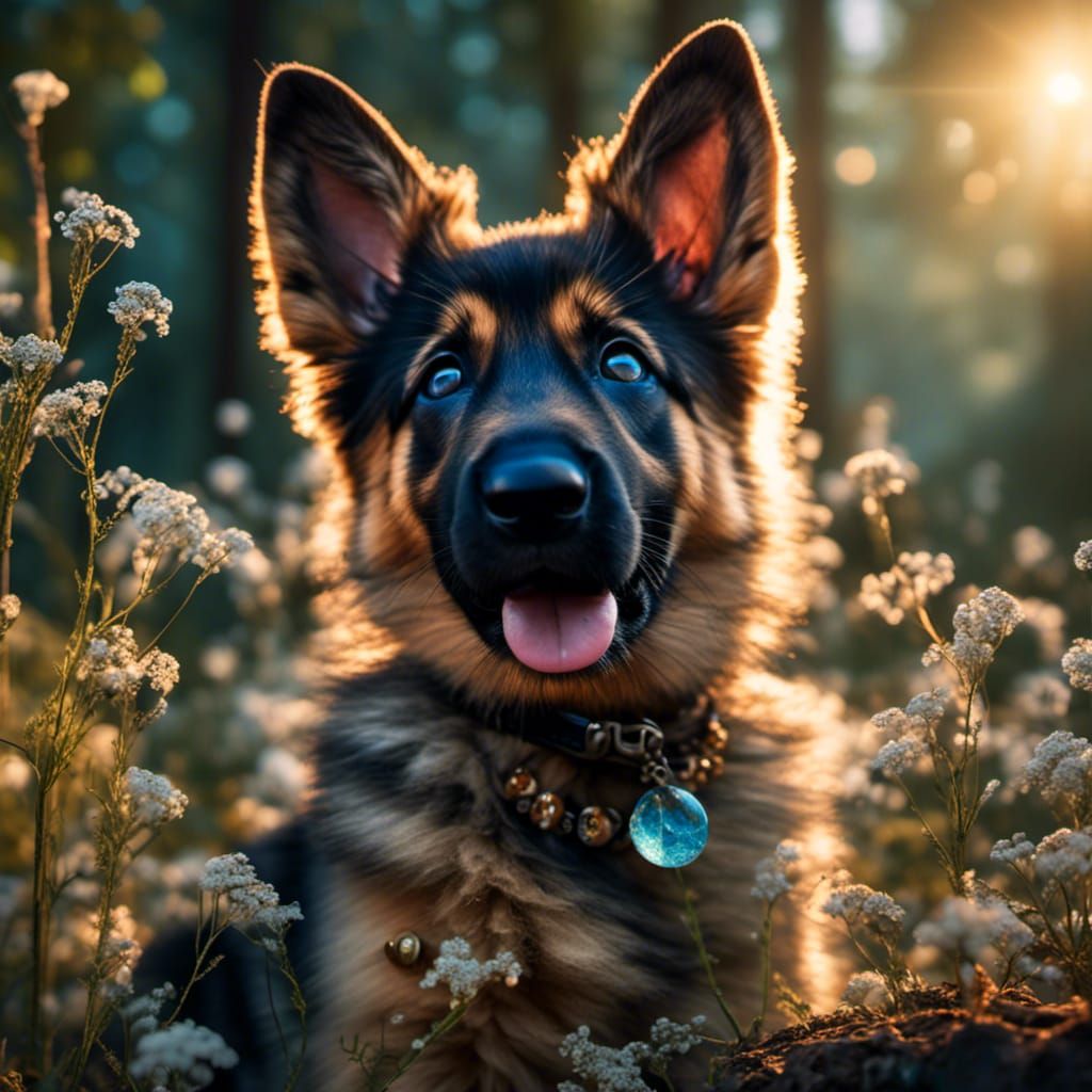 German Shepherd Puppy in Bioluminescent Forest