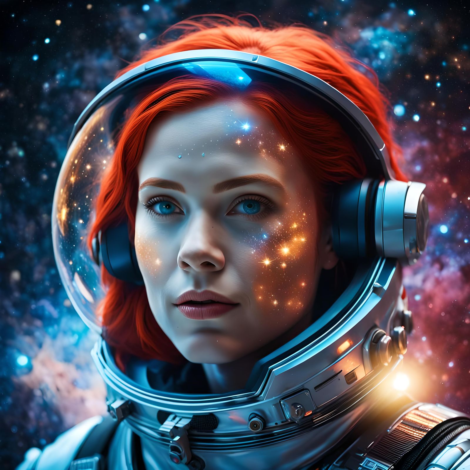 Red-Haired Woman's Portrait in Outer Space