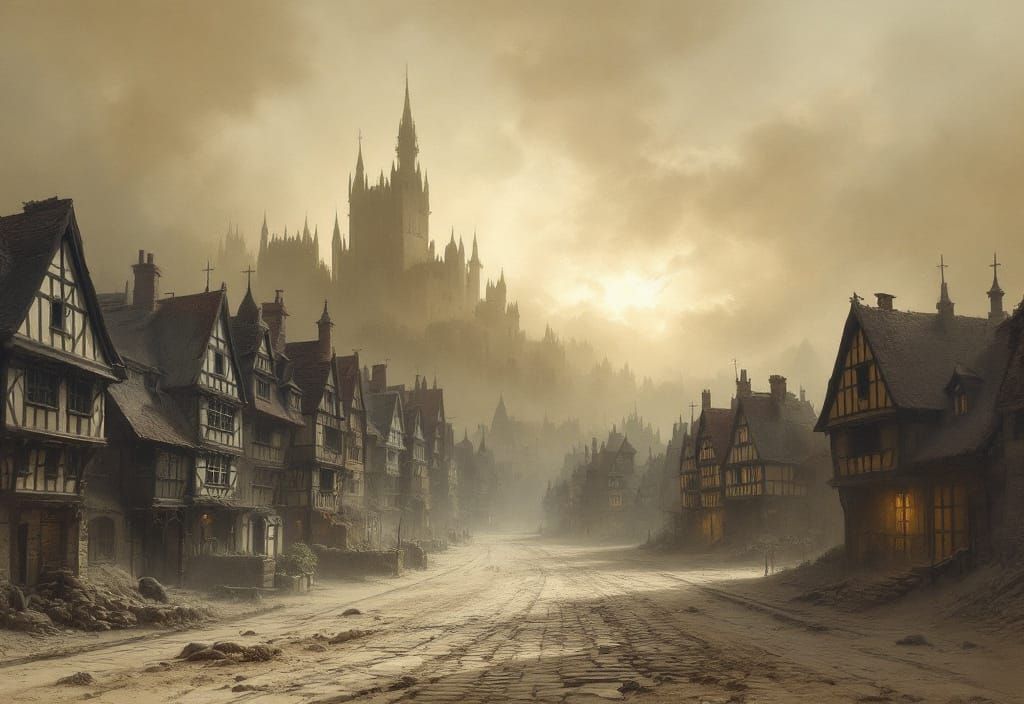 Painting of a city. A ghostly pall of ash cloaks the city, muting the once vibrant hues of its timber-framed houses and ...