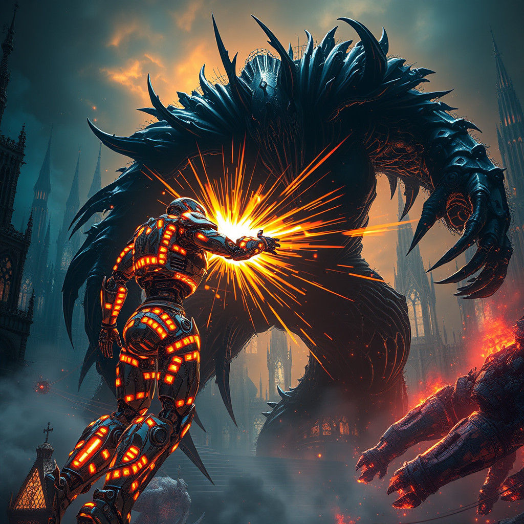 Robot of Light Battles Shadowy Behemoth