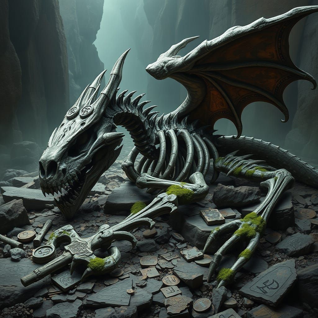 Majestic Dragon Skeleton with Ancient Key in Dark Fantasy St...