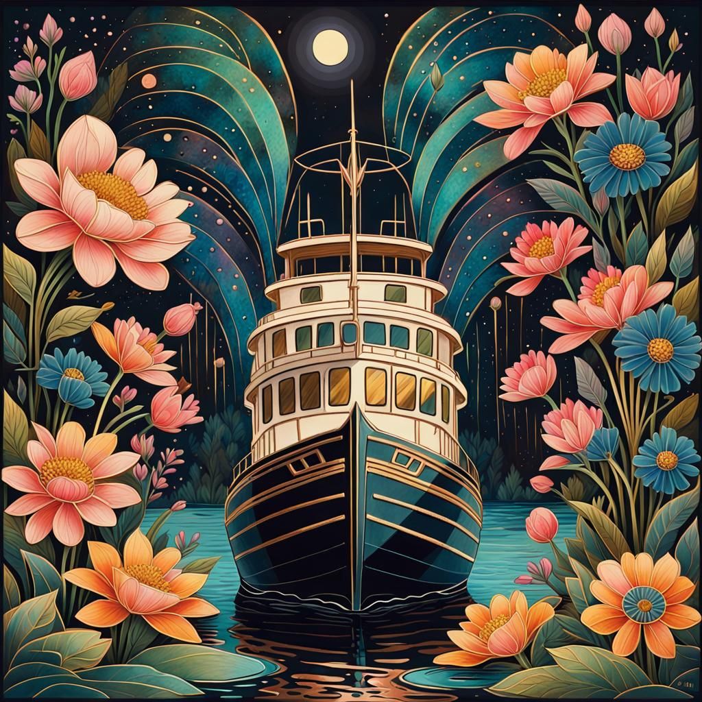 Gouache River Boat at Night with Bioluminescent Flowers