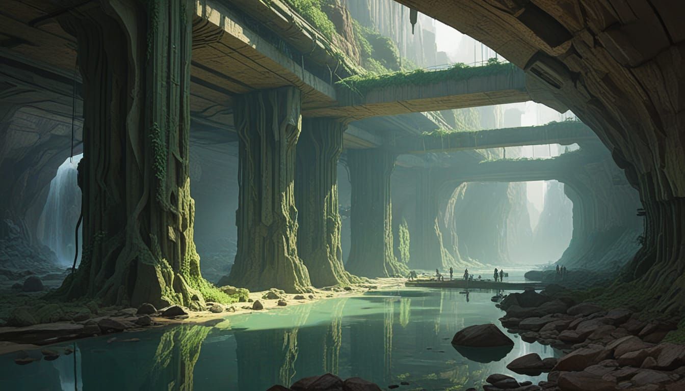 Vast Underground City with Waterfalls and Light