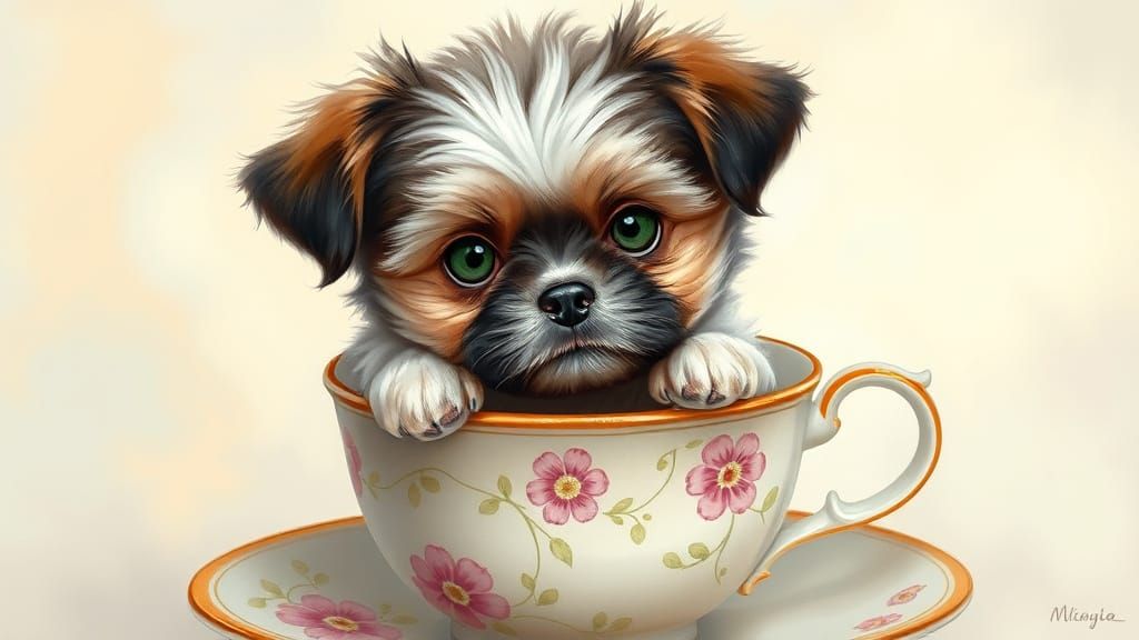 Shih Tzu Puppy in Teacup: Oil Painting