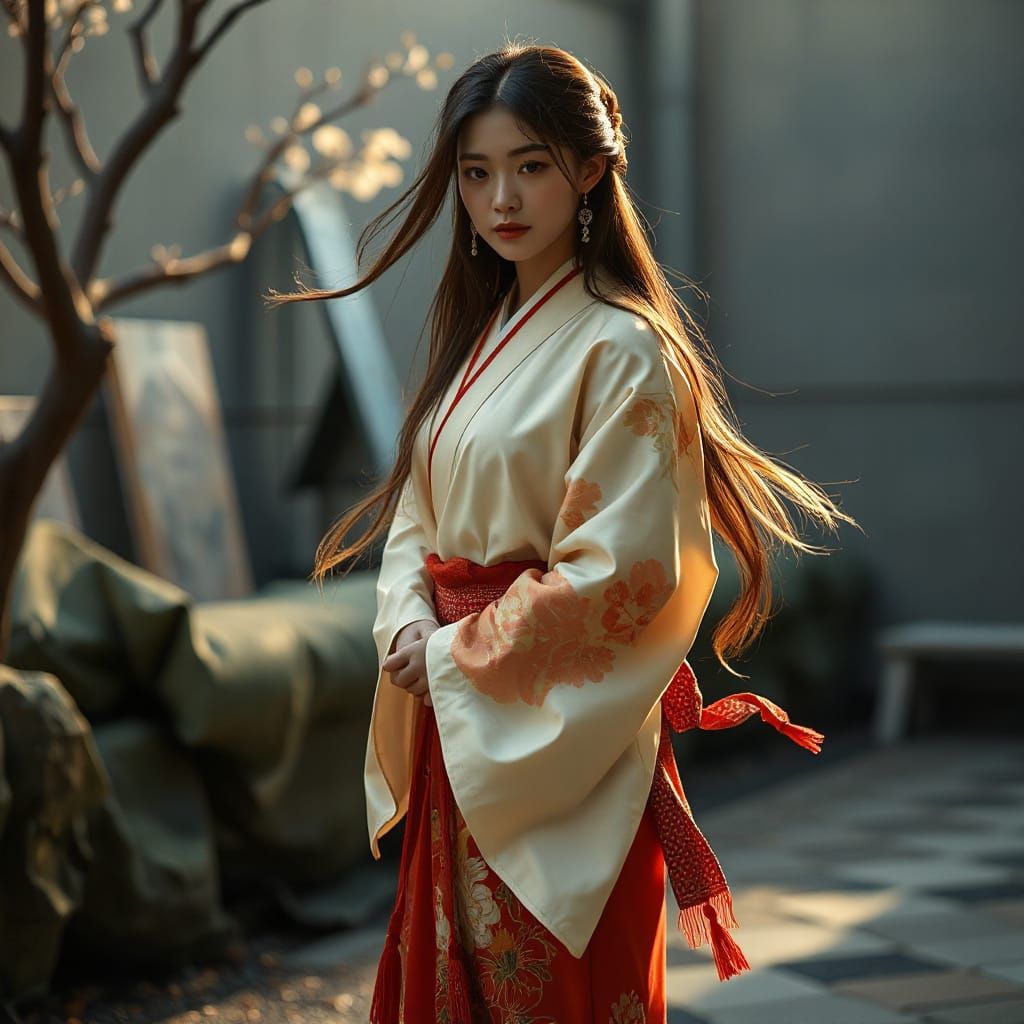 Serene Japanese Woman in Kimono, Hyperrealistic Style
