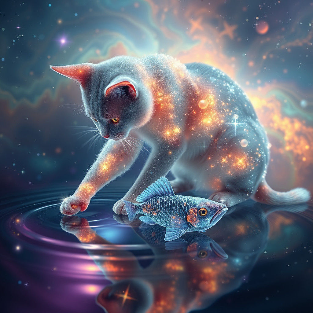 Ethereal Cat and Star-Formed Fish in Nebula