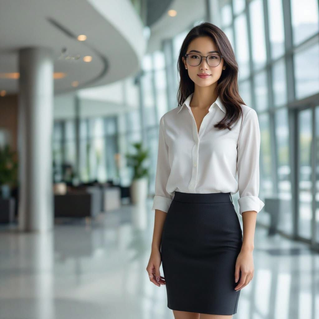 Asian Woman in Office Lobby: Hyperrealistic Digital Art