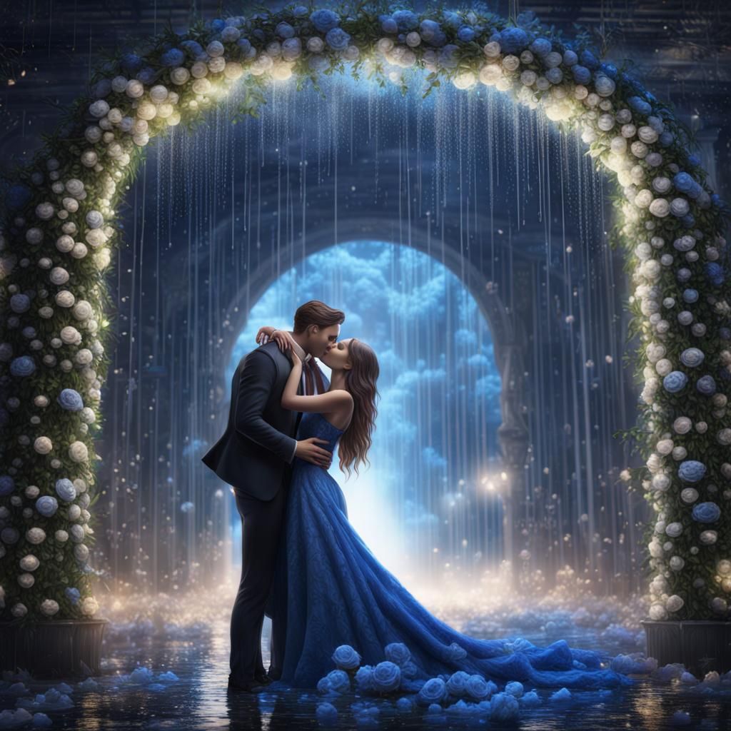 Romantic Kiss Under Blue Rose Arch in New York