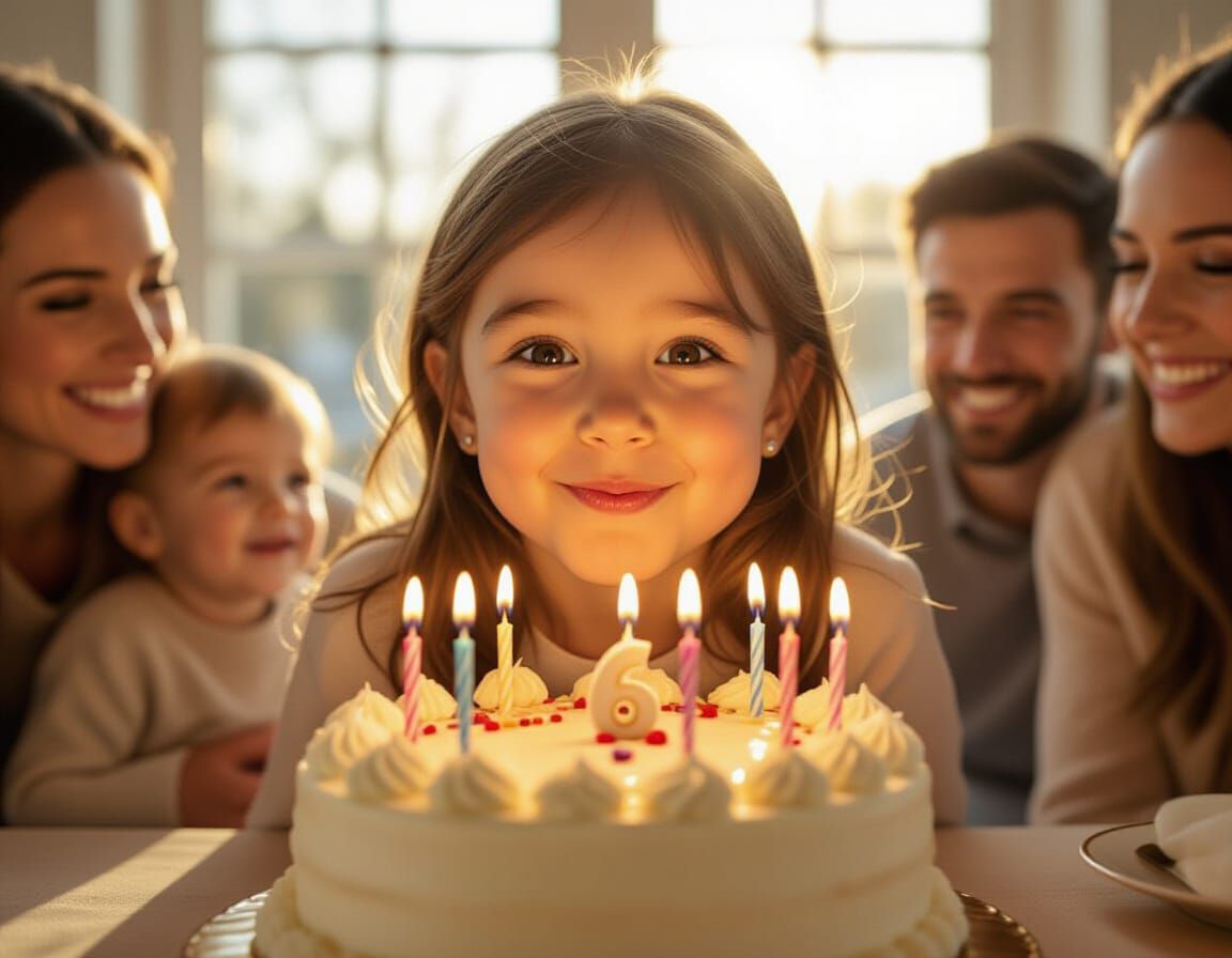 Joyful Girl Blows Out Birthday Candles in Golden Hour Light