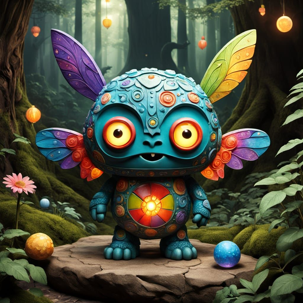 A whimsical, vibrant cartoon-style monster made up of colorful carved stone