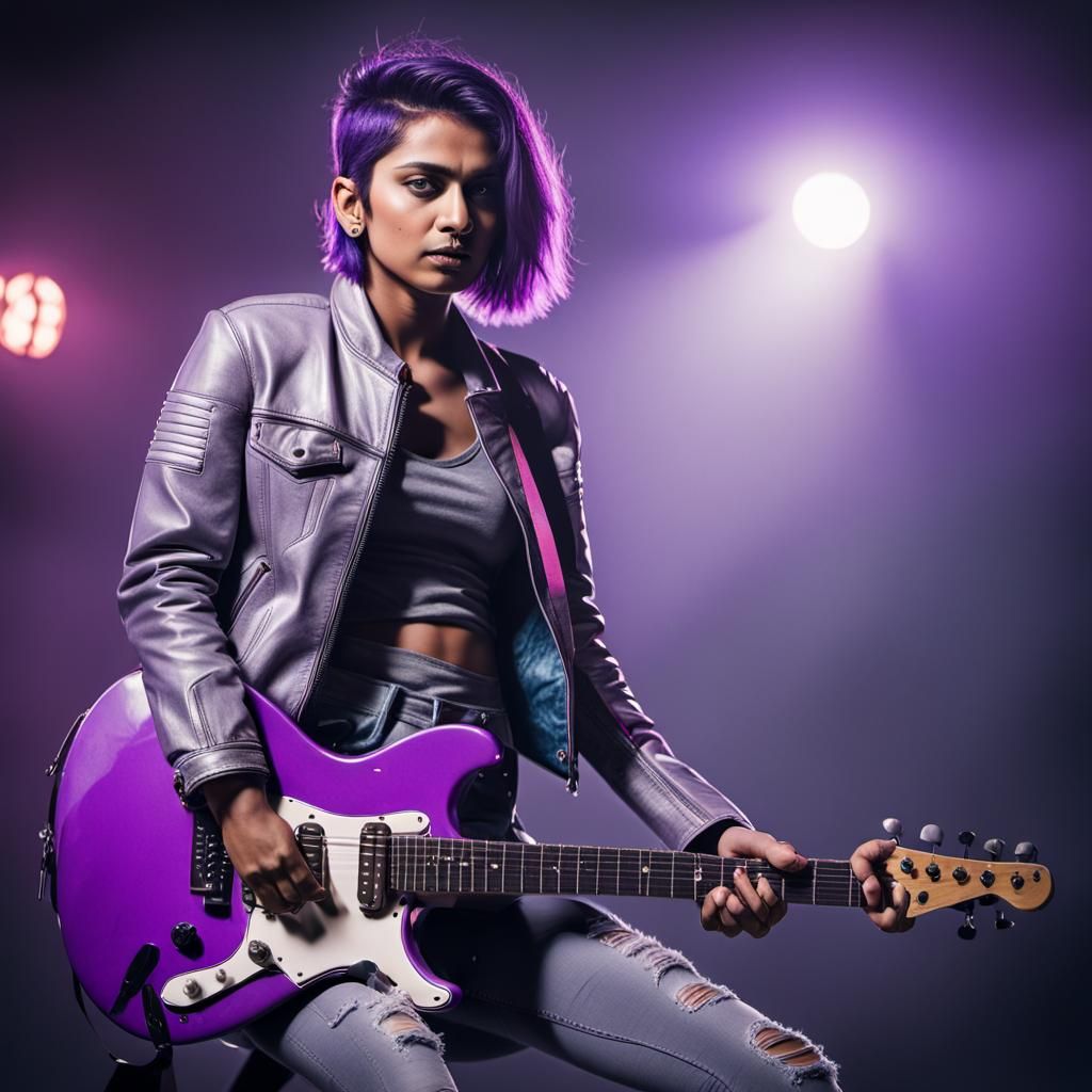 Indian Rock Guitarist in Neon Purple Leather Jacket