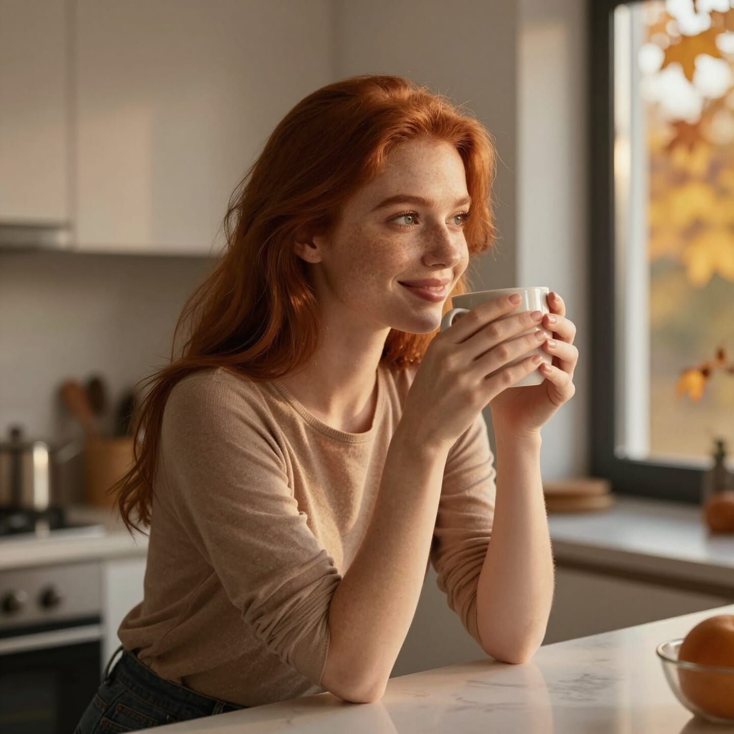 Young Woman Enjoys Coffee in Cozy Autumn Kitchen
