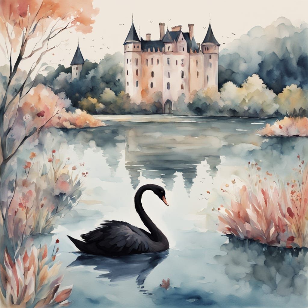 Serene Watercolor Scene with Black Swan and Castle
