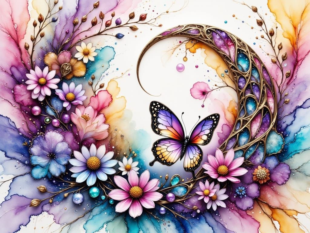 Vibrant Pastel Dreamscape with Delicate Butterfly and Flower