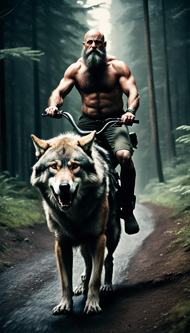 Man Rides Giant Wolf: Cinematic Film Still