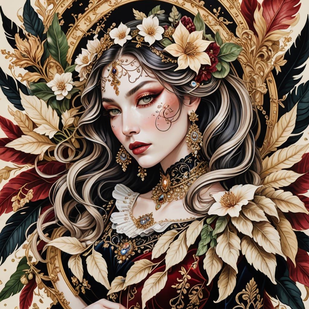 Elegant Woman in Baroque Velvet Attire with Intricate Tattoo...