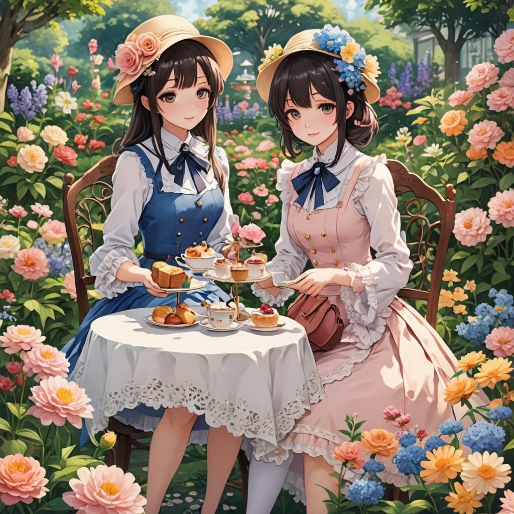 Anime Girls' Tea Party in Flower Garden