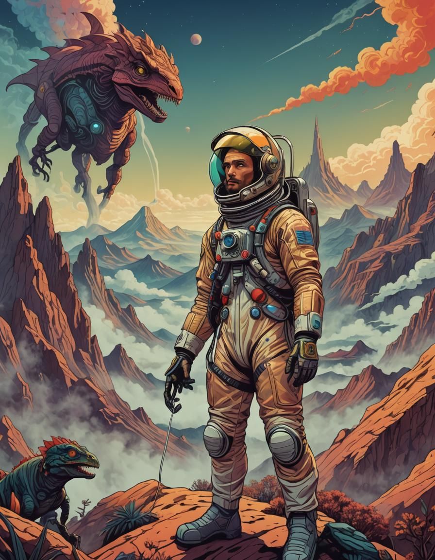 Cartoon of Ijon Tichy. extraterrestrial background. Curdle-d...