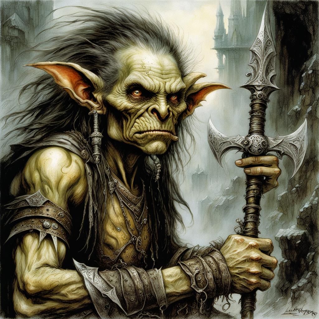 Dwarf vs Goblin Battle in Dark Fantasy Style