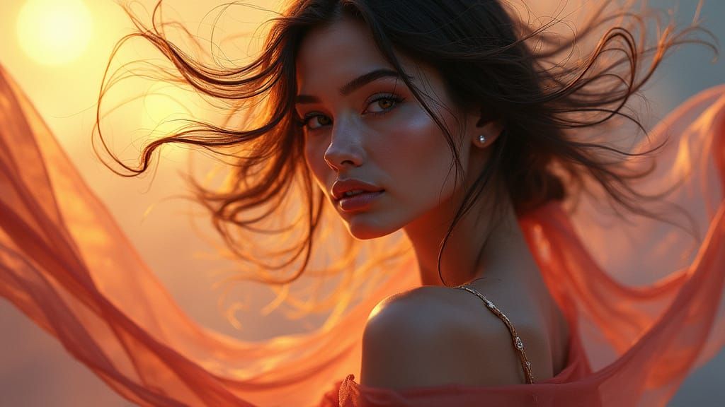 Glamorous Woman in Silk Gown: Surreal Dreamlike Portrait