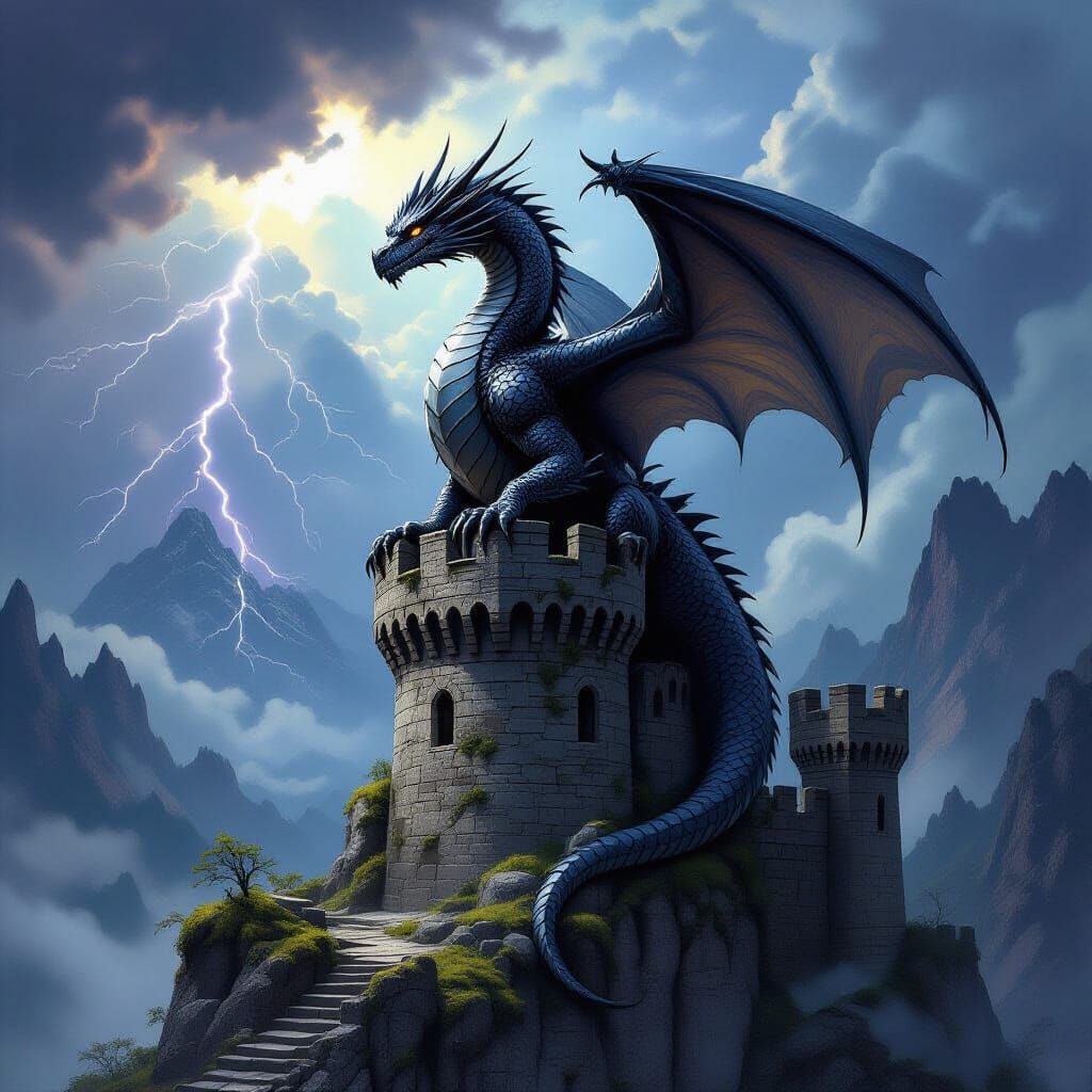Majestic Obsidian Dragon on Medieval Castle