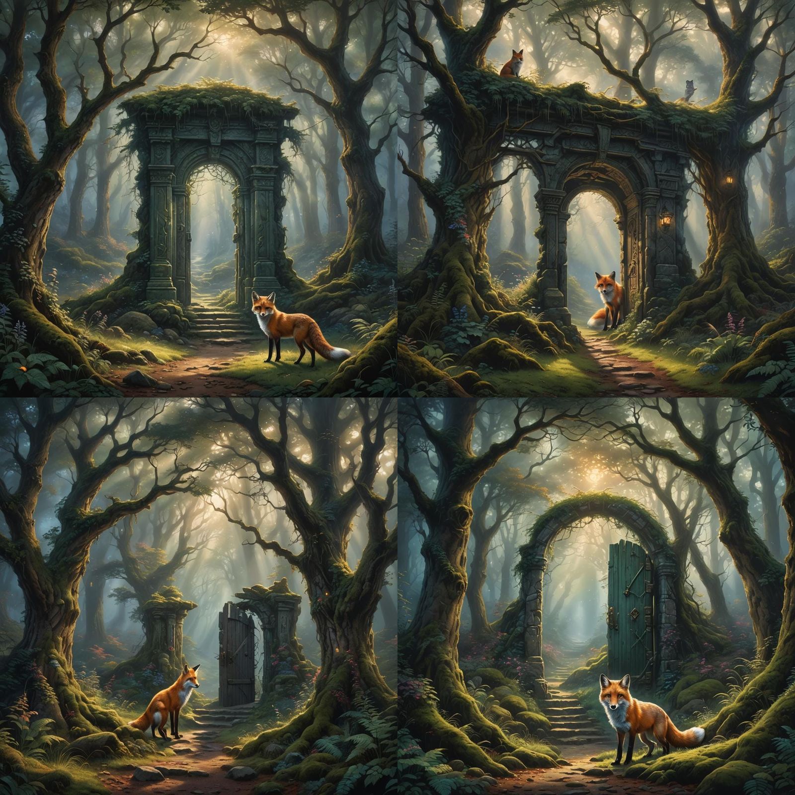 Ancient Doorway in Dark Forest with Fox