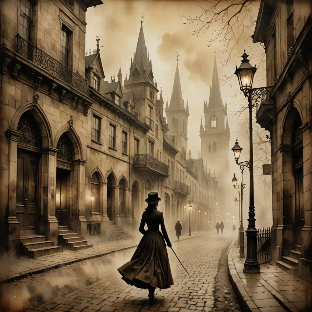 Vintage Sepia Street Scene with Victorian Silhouette