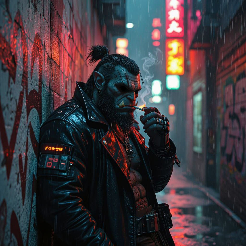 Cyberpunk Troll Samurai in Rainy Cityscape