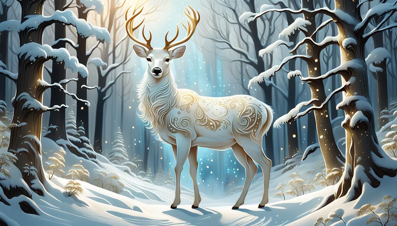 Enchanting White Deer in Winter Forest Digital Art