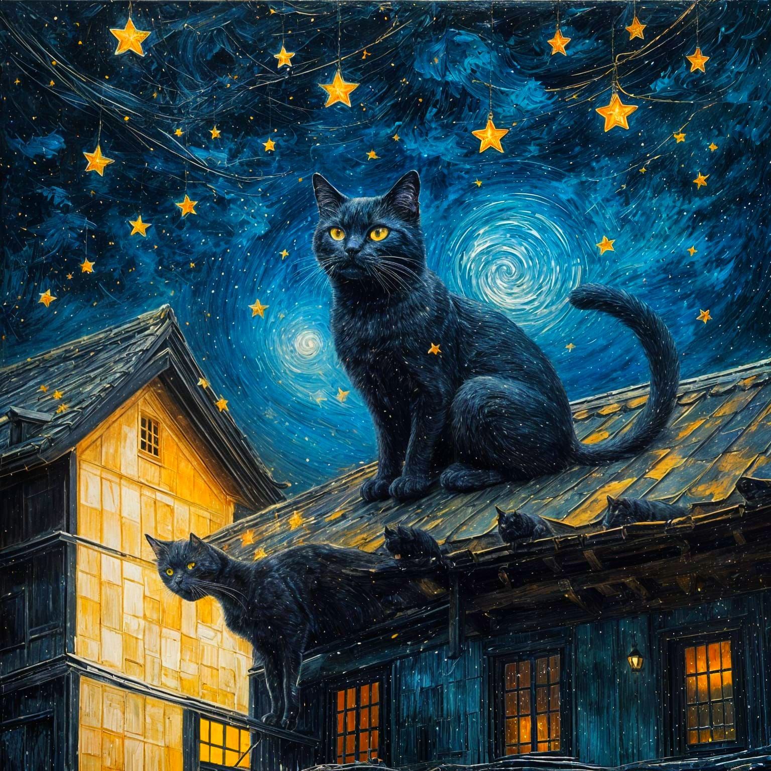 Black Cat on Japanese Roof: Impasto Oil Painting