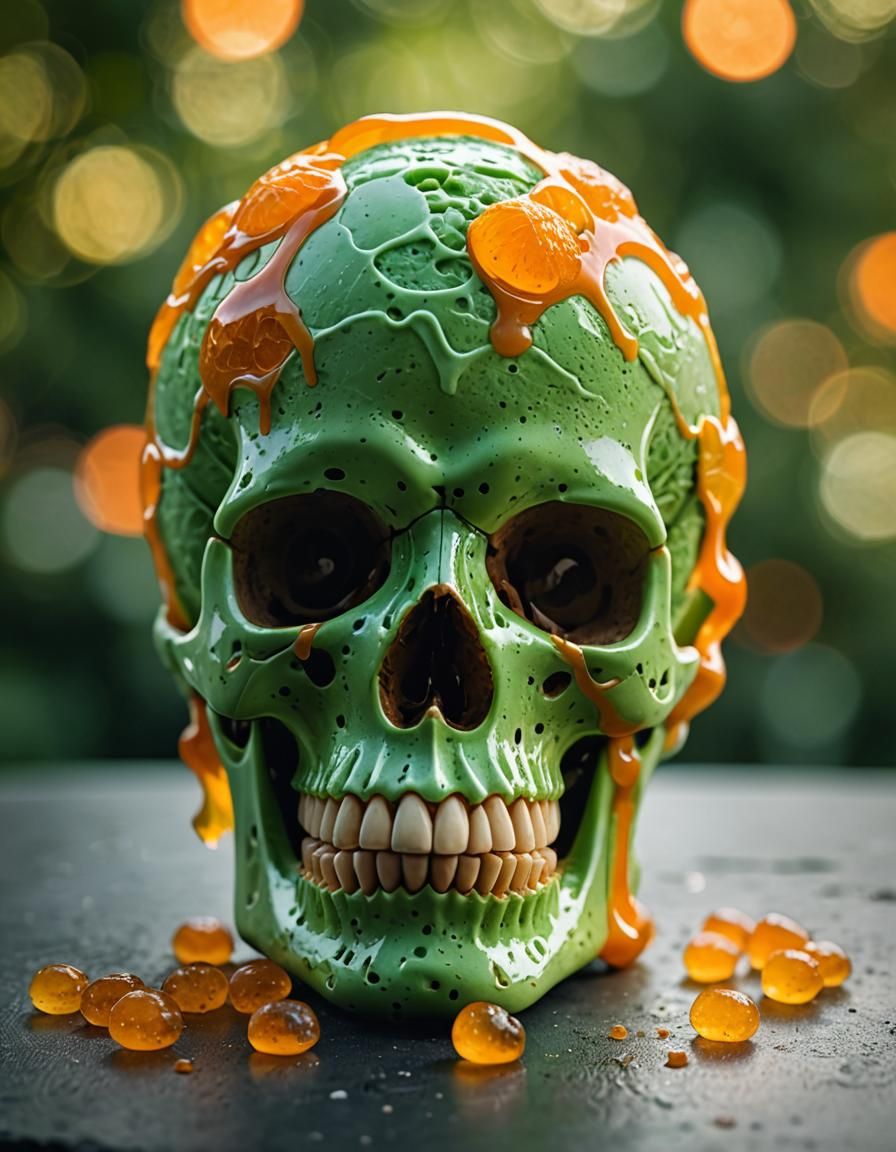 Green Skull Topped with Orange Ice Cream