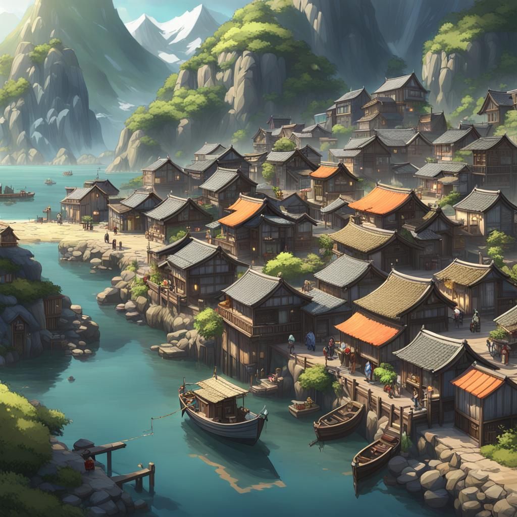 Picturesque Fishing Village: 3D Anime Art
