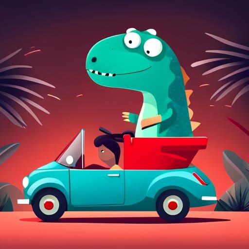 Cartoon Dinosaur Driving Drunk in a Red Car