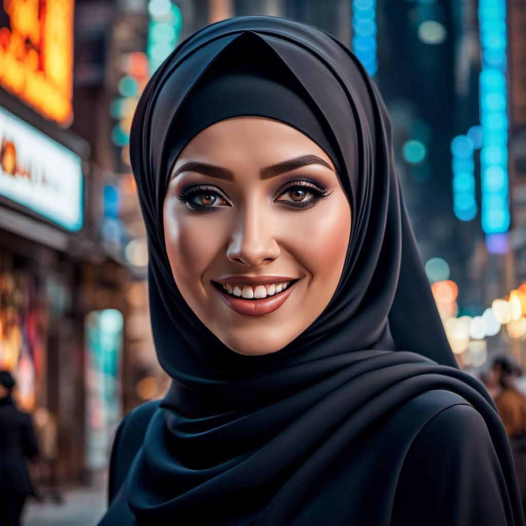 Elegant Hijabi Woman Smiling in Futuristic City